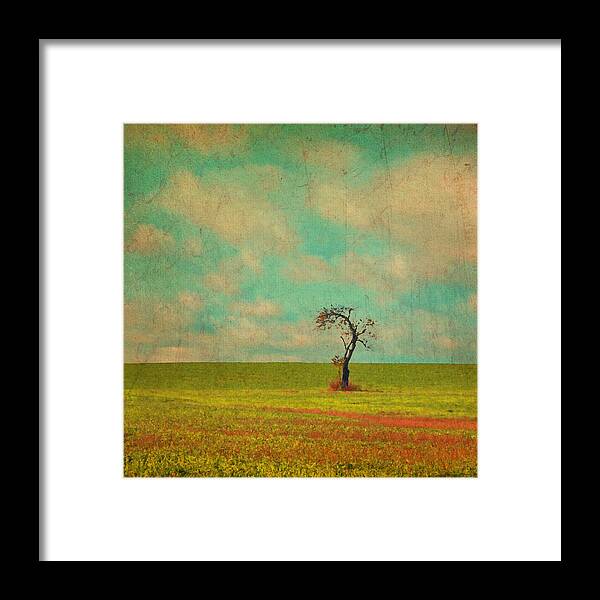 Aqua Framed Print featuring the photograph Lonesome Tree in Lime and Orange Field and Aqua Sky by Brooke T Ryan