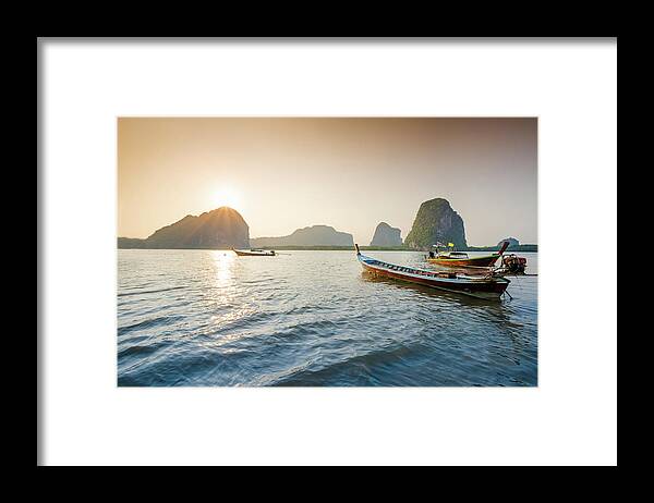 Water's Edge Framed Print featuring the photograph Long Tail Boat In The Beautiful Beach by Primeimages