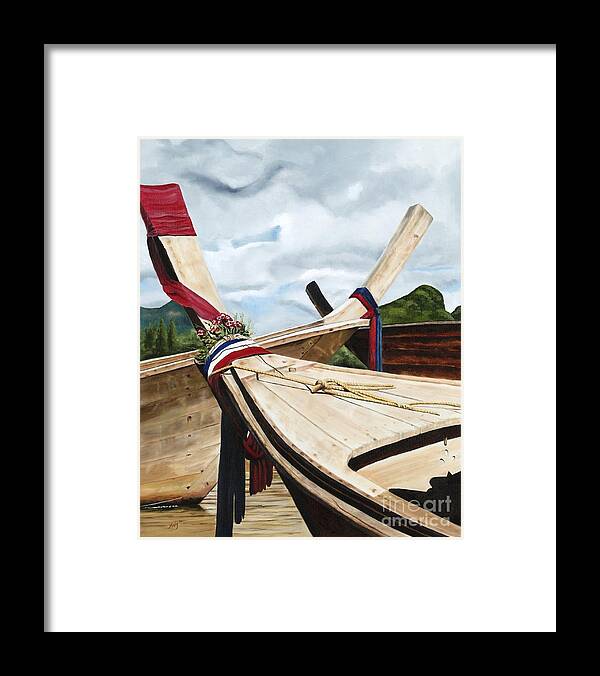 Art Framed Print featuring the painting Long tail boats of Krabi by Mary Rogers