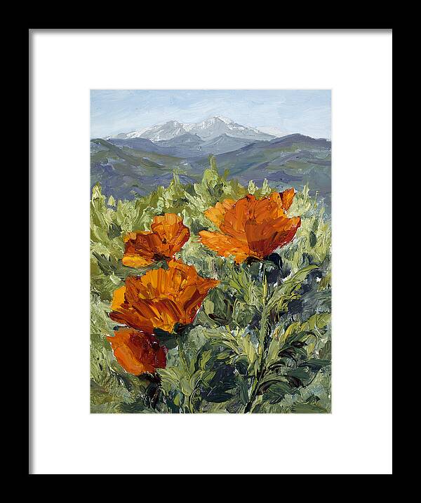 Oil Framed Print featuring the painting Longs Peak Poppies by Mary Giacomini