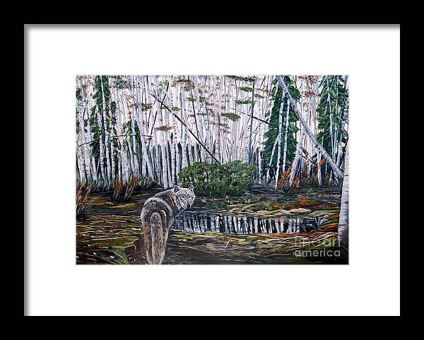 Wolf Framed Print featuring the painting Looking back by Marilyn McNish