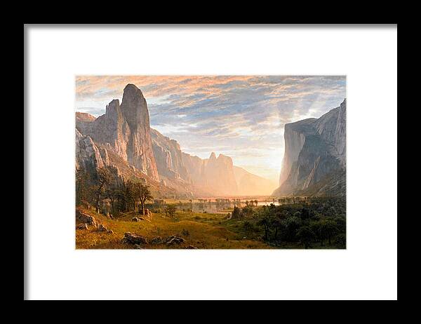 Albert Bierstadt Framed Print featuring the painting Looking down Yosemite Valley by Albert Bierstadt