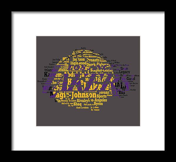 Los Angeles Lakers Framed Print featuring the digital art Los Angeles Lakers Word Cloud by Brian Reaves