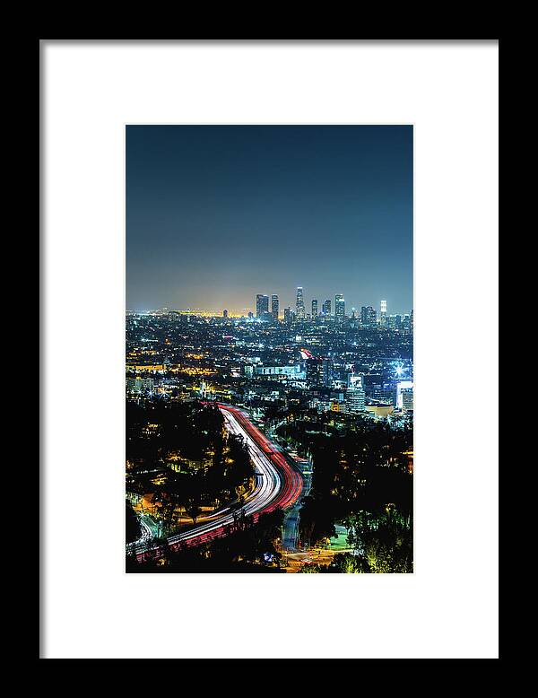 Scenics Framed Print featuring the photograph Los Angeles Night Cityscape by Deimagine