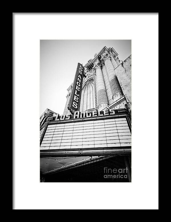 America Framed Print featuring the photograph Los Angeles Theatre Sign in Black and White by Paul Velgos