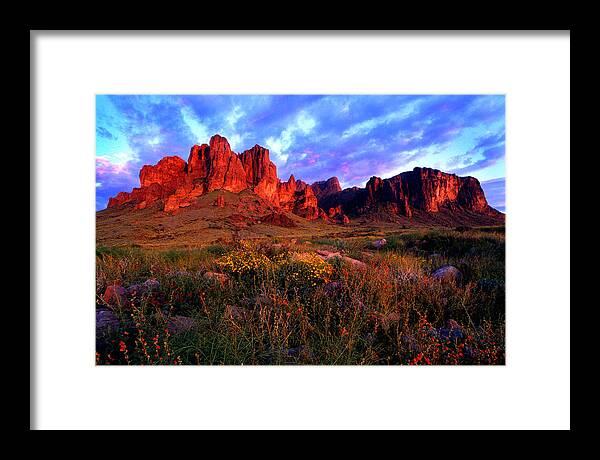 Landscape Desert Arizona Superstitions Wilderness Tonto National Forest Apache Junction Arizona Phoenix Arizona Mesa Arizona Gilbert Arizona Spring Flowers Sunset Flat Iron Arizona Sunset Apache Trail Lost Dutchman Mine Framed Print featuring the photograph Lost Dutchmans State Park Arizona by Reed Rahn