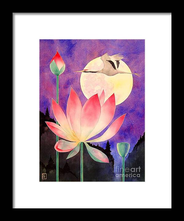 Watercolor Framed Print featuring the painting Lotus And Crane by Robert Hooper