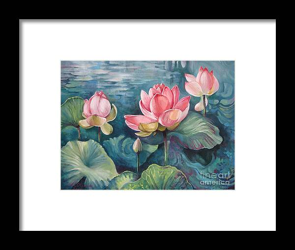 Lotus Flower Framed Print featuring the painting Lotus pond by Elena Oleniuc