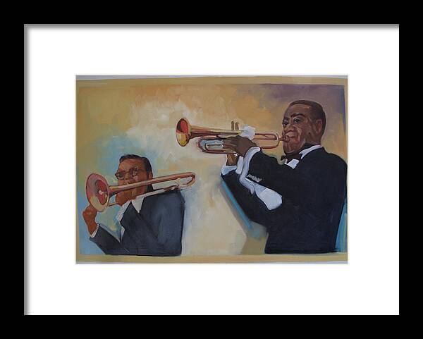 Russell big Chief Moore Framed Print featuring the painting Louis Armstrong with Russell Big Chief Moore            by Suzanne Giuriati Cerny