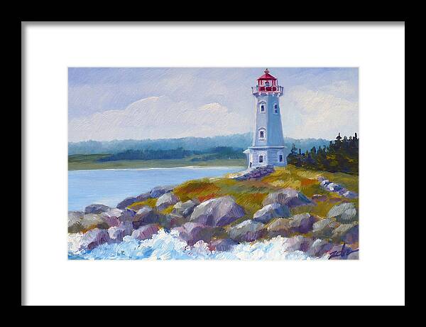 Seascape Framed Print featuring the painting Louisbourg Lighthouse by Janet Zeh