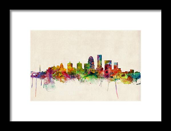 Watercolour Framed Print featuring the digital art Louisville Kentucky City Skyline by Michael Tompsett