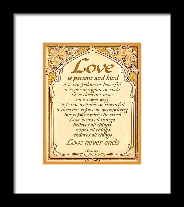 Love Is Patient Framed Print featuring the digital art Love Is Patient - Gold Art Nouveau Style by Ginny Gaura