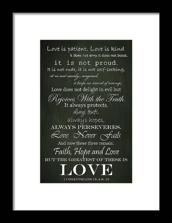 Religious Quote Framed Print featuring the digital art Love is Patient Green by Inspired Arts