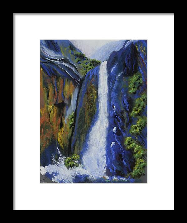Yosemite Falls California Park Nature Waterfall Majestic Vibrant Framed Print featuring the pastel Lower Yosemite Falls by Brenda Salamone