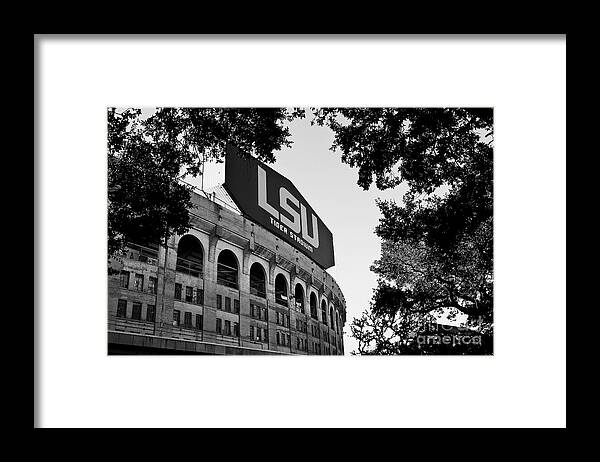 Black&white Framed Print featuring the photograph LSU Through the Oaks by Scott Pellegrin