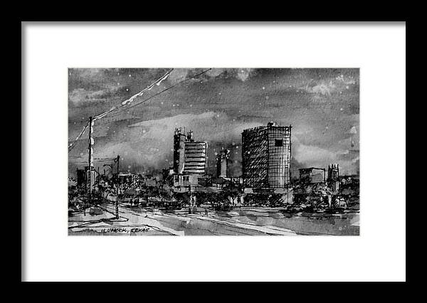  Framed Print featuring the painting Lubbock Texas Skyline BW by Tim Oliver