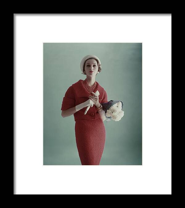 Fashion Framed Print featuring the photograph Lucinda Hollingsworth Wearing A Red Suit by Karen Radkai