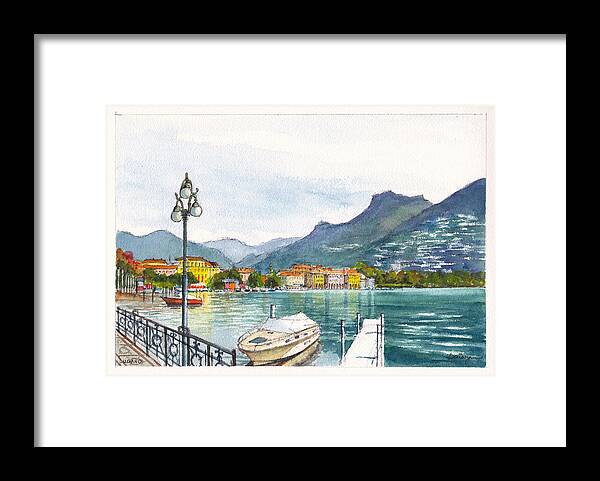 Lake Framed Print featuring the painting Lugano on Lake Lugano Switzerland by Dai Wynn
