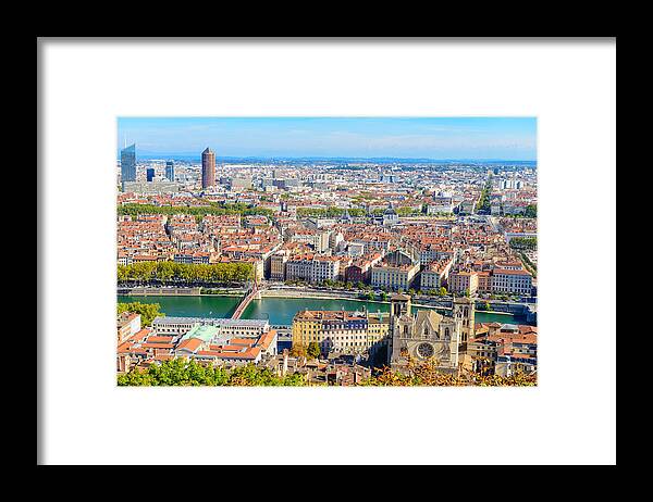 Panoramic Framed Print featuring the photograph Lyon cityscape from above with Rhone River by Syolacan