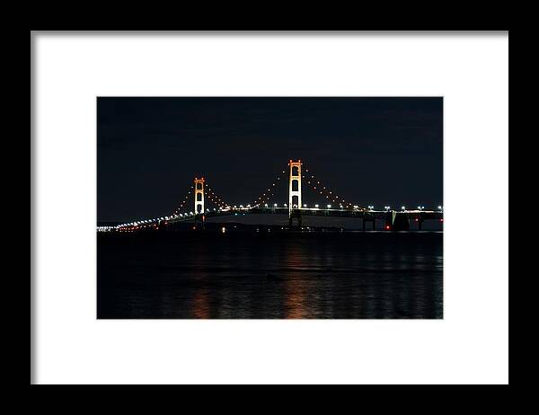 Mackinac Bridge Framed Print featuring the photograph Mackinac Bridge at Night by Keith Stokes