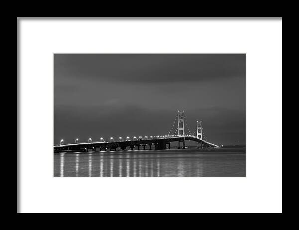 Dusk Framed Print featuring the photograph Mackinac Bridge Black and White by Sebastian Musial