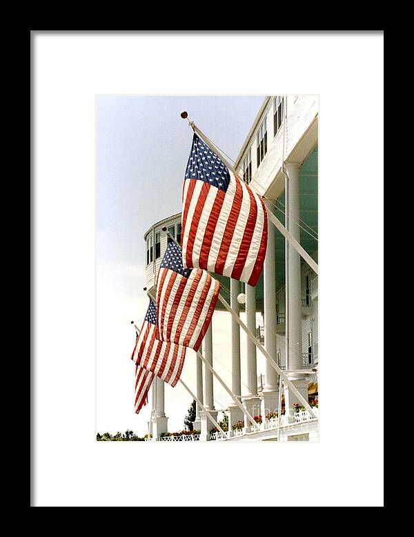 American Flag Framed Print featuring the photograph Mackinac Island Michigan - The Grand Hotel - American Flags by Kathy Fornal