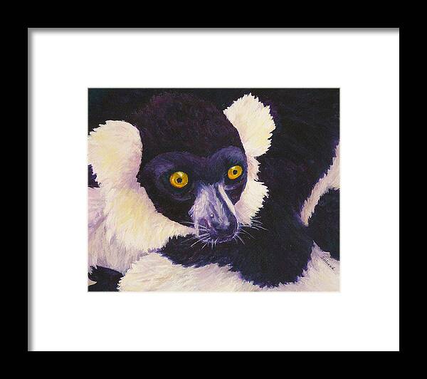 Black And White Ruffed Lemur Framed Print featuring the painting Madagascan Magic by Margaret Saheed