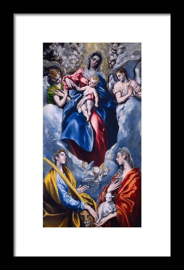 Angels; Lamb; Lion; Virgin Mary; Baby; Jesus Christ; Religion; Cloud; Saints; Mannerism; Renaissance; Winged; Wings; Praying; Adoration; Palm Framed Print featuring the painting Madonna and Child with Saint Martina and Saint Agnes by El Greco Domenico Theotocopuli