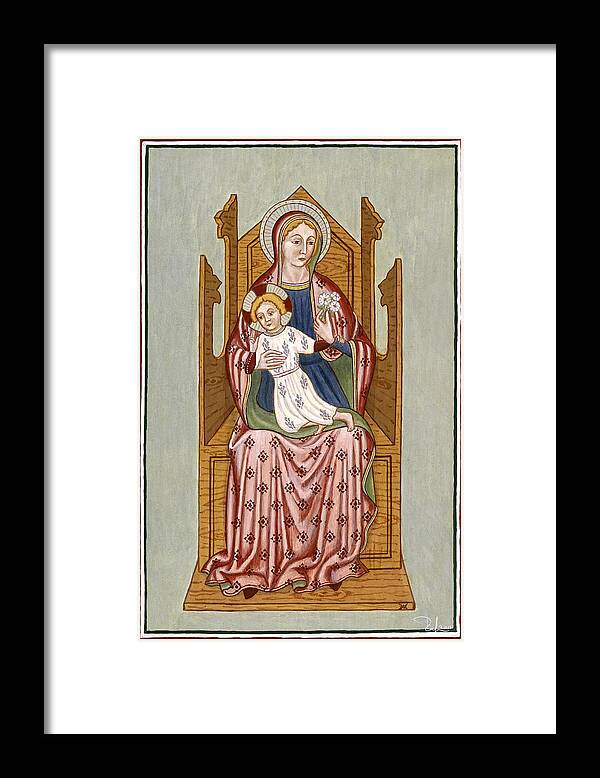 Tempera Framed Print featuring the painting Madonna col Bambino in trono - Mother of God on the throne. by Raffaella Lunelli