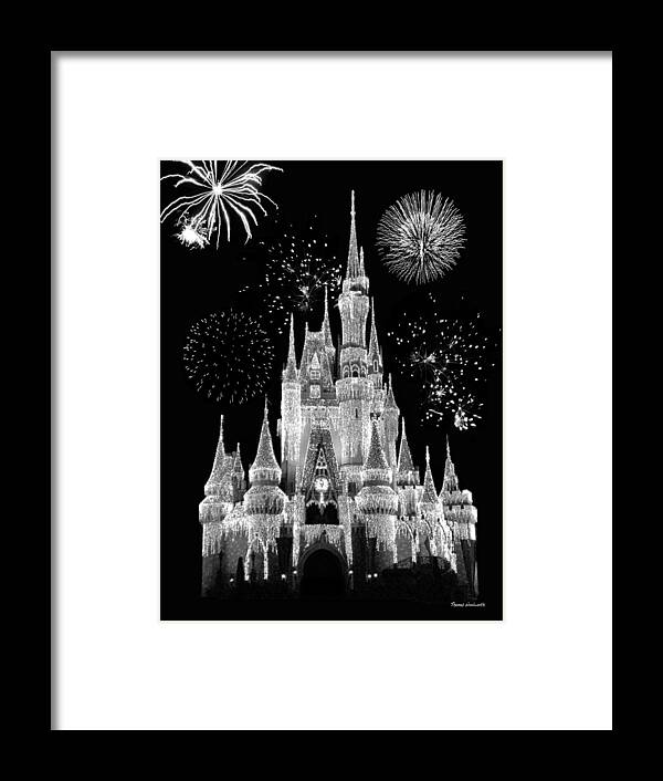 Black And White Framed Print featuring the photograph Magic Kingdom Castle in Black and White with Fireworks Walt Disney World by Thomas Woolworth