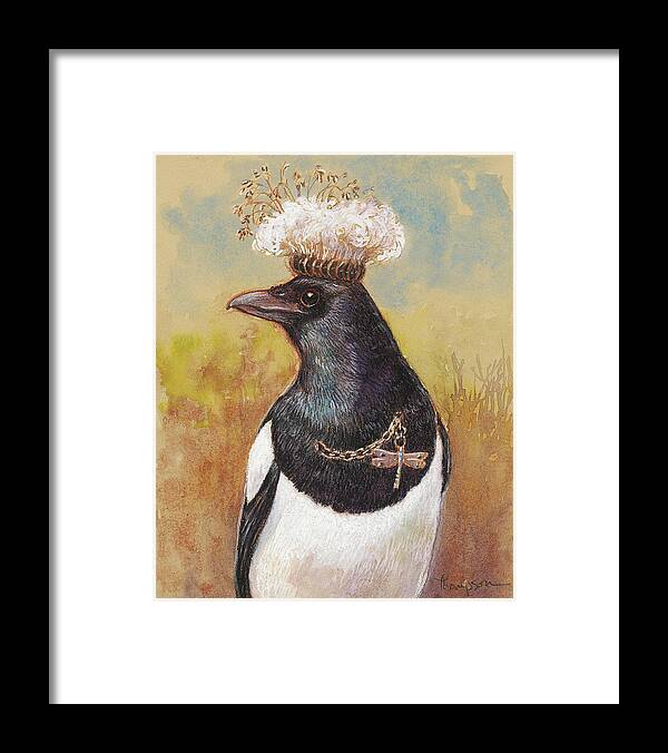 Bird Framed Print featuring the mixed media Magpie in a Milkweed Crown by Tracie Thompson
