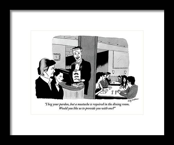 Restaurants Framed Print featuring the drawing Maitre D. Speaks To Man And Woman Trying To Enter by Andy Friedman