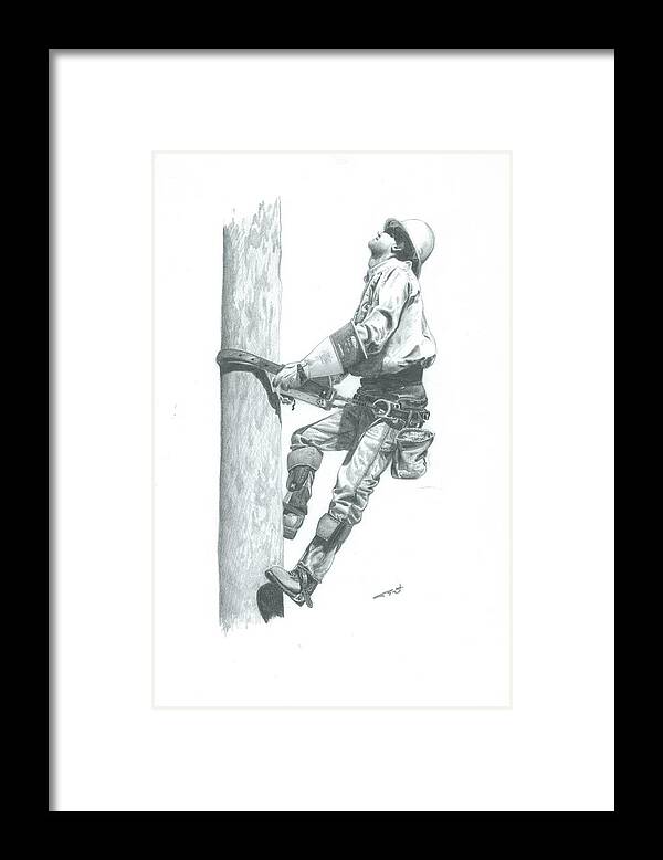 Power Lineman Climbing A Pole Pencil Drawing Framed Print featuring the drawing Making The Climb by Brad Thyne