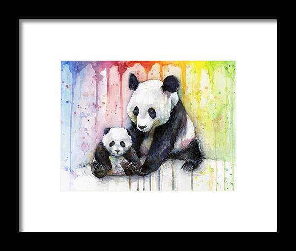 Watercolor Framed Print featuring the painting Panda Watercolor Mom and Baby by Olga Shvartsur