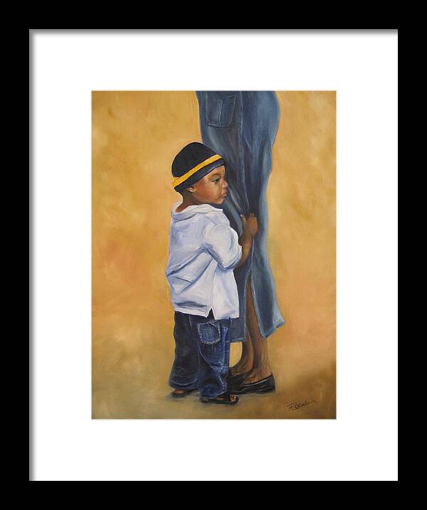 Little Boy Holding Mother's Skirt Framed Print featuring the painting Mama Look by Roberta Rotunda