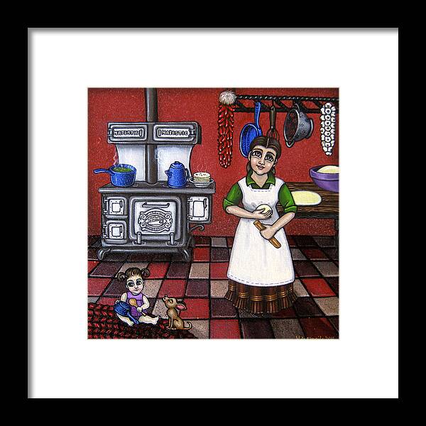 Kitchen Framed Print featuring the painting Mamacita by Victoria De Almeida
