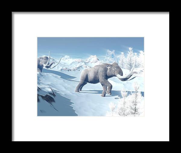Three Dimensional Framed Print featuring the digital art Mammoths Walking Slowly On The Snowy by Elena Duvernay