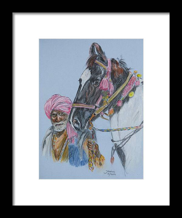 Animals Framed Print featuring the pastel Man and his horse by Janina Suuronen