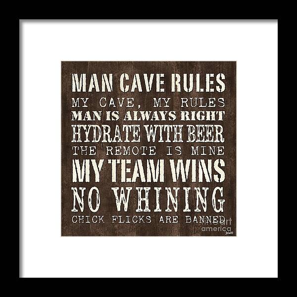 Man Framed Print featuring the painting Man Cave Rules 1 by Debbie DeWitt