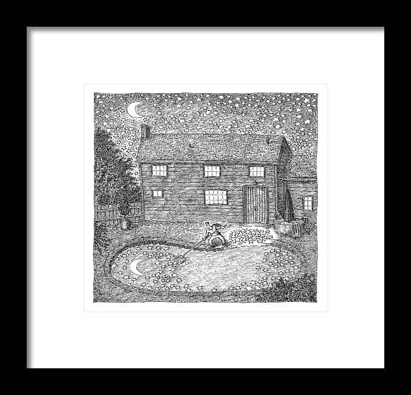 Stars Framed Print featuring the drawing Man Fishes Stars Out Of His Pool At Nighttime by John O'Brien