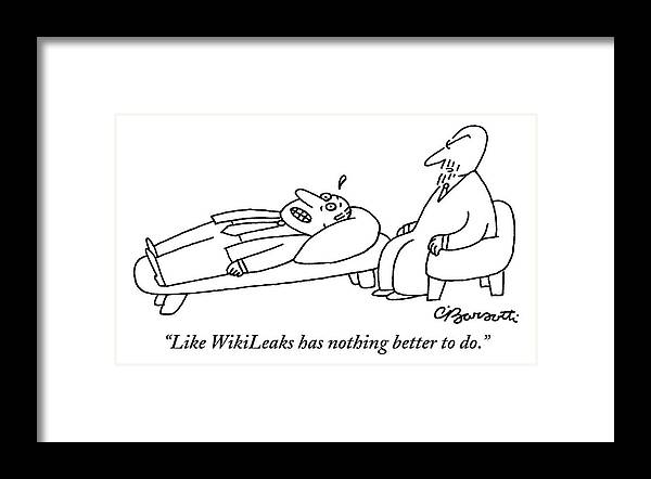 Wikileaks Framed Print featuring the drawing Man Lays On A Couch by Charles Barsotti