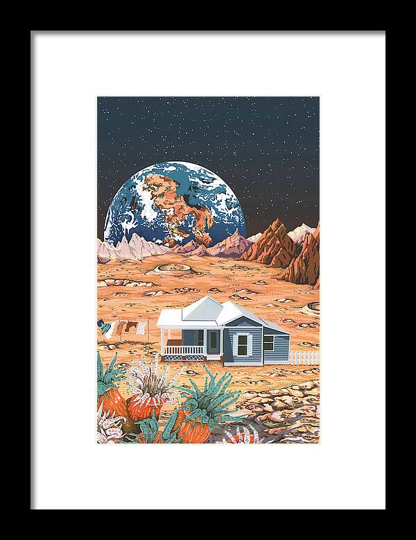 Outer Space Silkscreen Framed Print featuring the drawing Man on the Moon by Anne Gifford