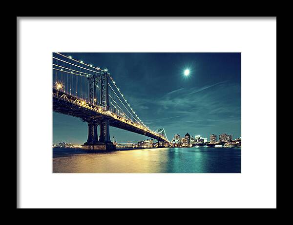 Built Structure Framed Print featuring the photograph Manhattan Bridge In Night With Moon by Ricowde