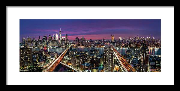 Cityscape Framed Print featuring the photograph Manhattan Skyline During Beautiful Sunset by Thomas D M?rkeberg