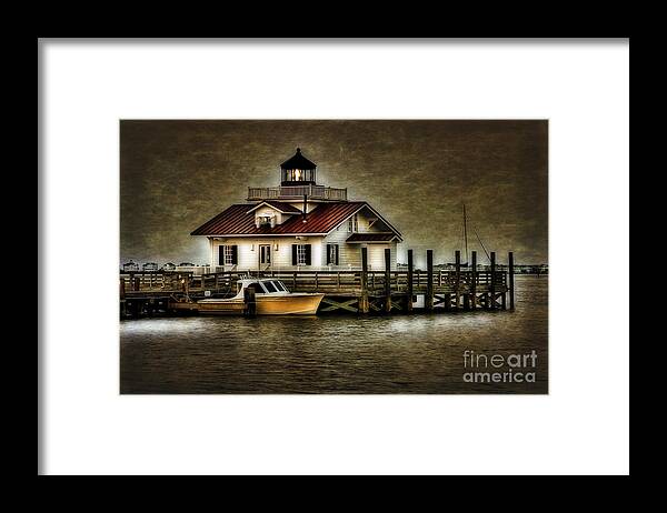 Harbor Lights Framed Print featuring the photograph Manteo Harbor at Dusk by Gene Bleile Photography 