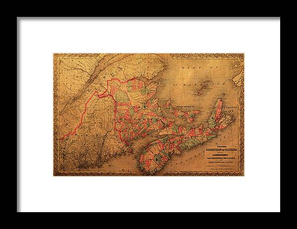 Map Framed Print featuring the mixed media Map of Eastern Canada Provinces Vintage Atlas on Worn Canvas by Design Turnpike