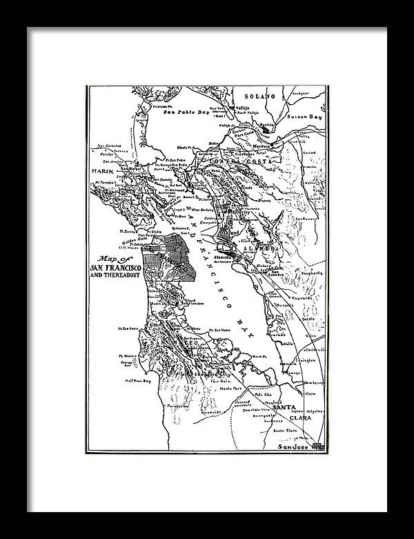 San Francisco Framed Print featuring the photograph Map of San Francisco Bay and There about circa 1905 by Monterey County Historical Society