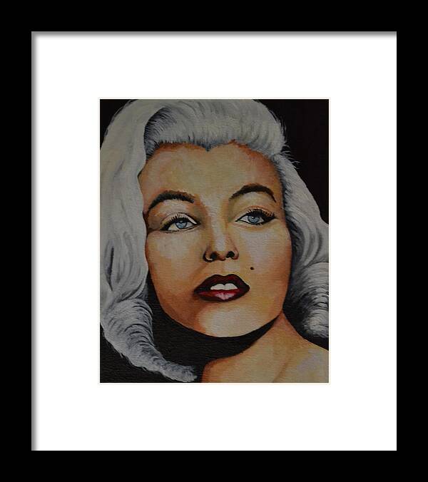 An Impressionist Style Portrait Of Marilyn Monroe With A Black Background. She Has Red Lipstick And White Hair. This Is A Portrait Of Marilyn In Her Younger Years. .  Framed Print featuring the painting Marilyn Monroe 2 by Martin Schmidt