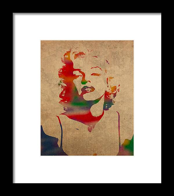 Marilyn Monroe Framed Print featuring the mixed media Marilyn Monroe Watercolor Portrait on Worn Distressed Canvas by Design Turnpike