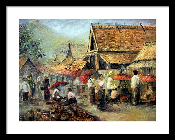 Laos Framed Print featuring the painting Marketplace in Luang Prabang by Sompaseuth Chounlamany